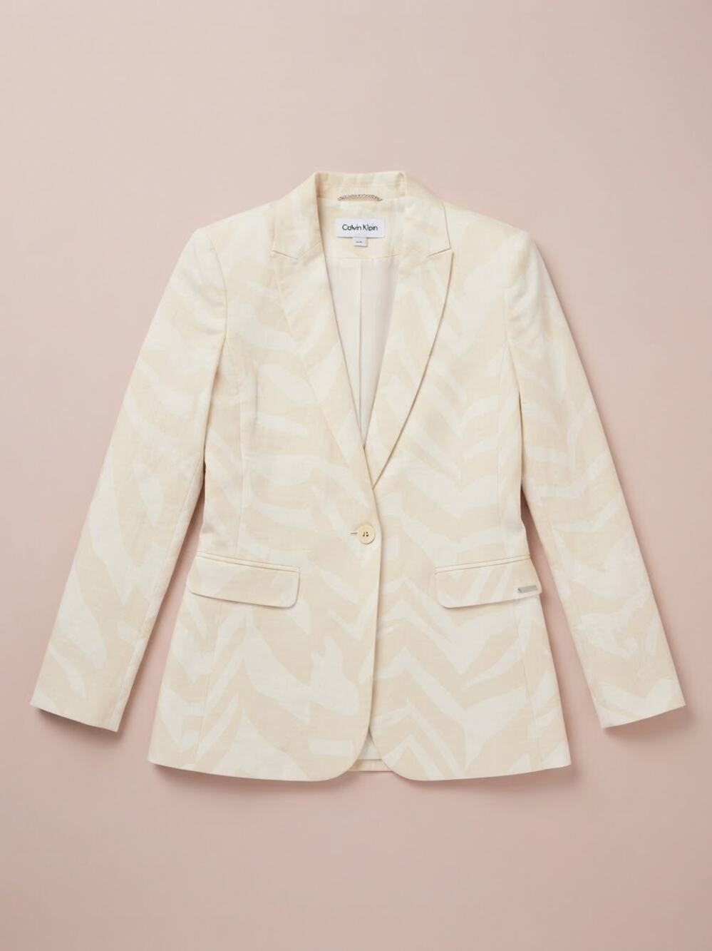 Calvin Klein Blazer Womens 2 Neutral Animal Print Linen Blend Jacket Office Chic